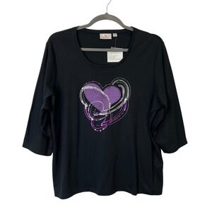 NEW Quacker Factory 3/4 Sleeve Top Women's Size 3X Black Purple Heart Sequin